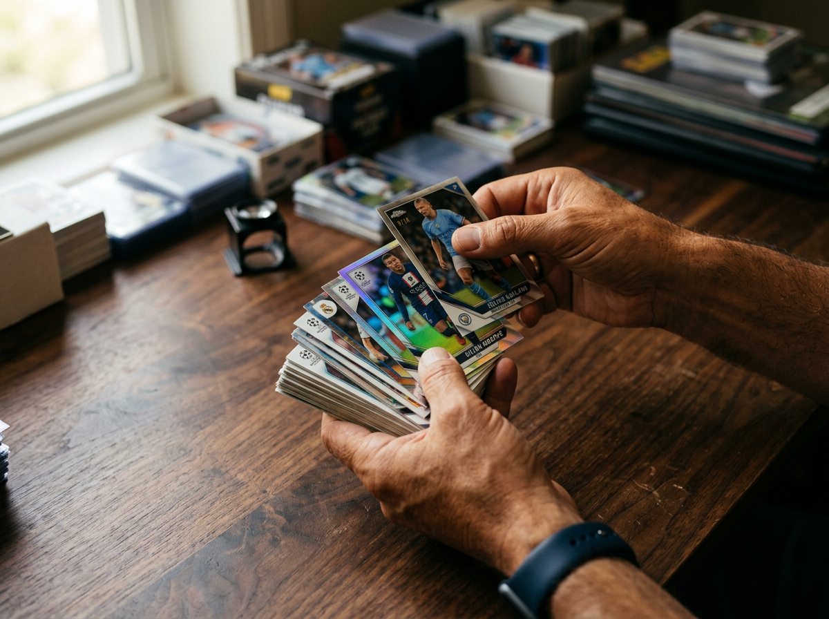 A collector holding a handful of football trading cards